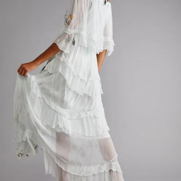 Free People Fillyboo Sweet Pea Tambourine Maxi Dress Off The Shoulder Gray Blue - Picture 2 of 6